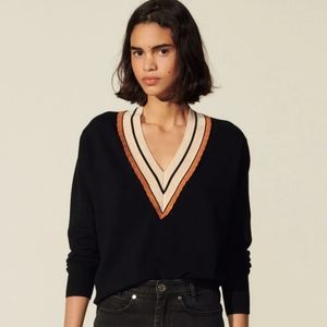 Sandro PREPPY STRIPED DEEP V CASHMERE BLEND PULLOVER SWEATER